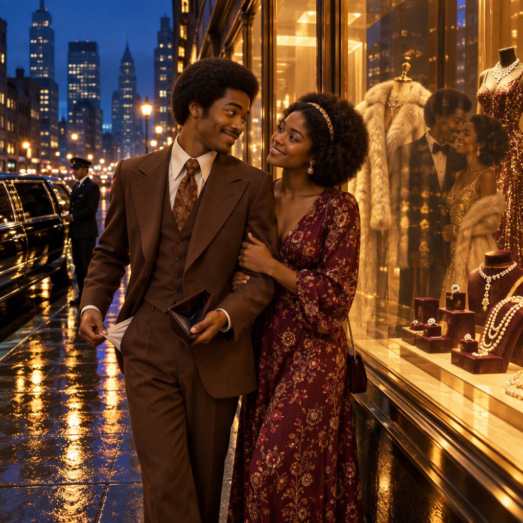 Cinematic city scene at night, with the glamour of 1970s soul romance. In the foreground, a young Black man in a modest brown wide-lapel suit smiles at his adult beloved, playfully turning out his empty trouser pocket while holding an almost-empty wallet. His adult girlfriend wears a burgundy patterned dress and delicate hairband; she holds his arm and gazes at him lovingly, unconcerned by his lack of money. Beside them, a grand department-store window glows amber, displaying a luxurious fur coat, regal evening gown, diamond rings and strings of pearls. In the glass, their reflections appear elegantly dressed, hinting at the lavish life he dreams of giving her. A polished black limousine waits at the curb beside a uniformed chauffeur. Wet pavement mirrors golden lights; deep blue city buildings balance the amber, cream and burgundy palette. Warm, joyful, sincere mood; realistic faces and hands, detailed fabrics and reflections. No text, borders or collage. — GPT Image 2.5 Flare