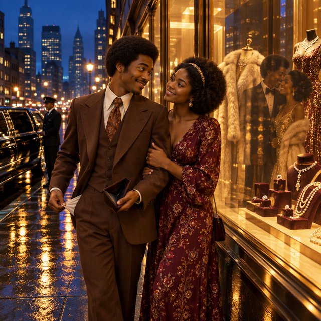 Cinematic city scene at night, with the glamour of 1970s soul romance. In the foreground, a young Black man in a modest brown wide-lapel suit smiles at his adult beloved, playfully turning out his empty trouser pocket while holding an almost-empty wallet. His adult girlfriend wears a burgundy patterned dress and delicate hairband; she holds his arm and gazes at him lovingly, unconcerned by his lack of money. Beside them, a grand department-store window glows amber, displaying a luxurious fur coat, regal evening gown, diamond rings and strings of pearls. In the glass, their reflections appear elegantly dressed, hinting at the lavish life he dreams of giving her. A polished black limousine waits at the curb beside a uniformed chauffeur. Wet pavement mirrors golden lights; deep blue city buildings balance the amber, cream and burgundy palette. Warm, joyful, sincere mood; realistic faces and hands, detailed fabrics and reflections. No text, borders or collage. — GPT Image 2.5 Flare