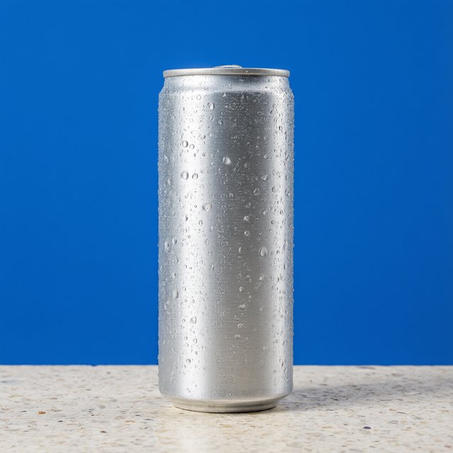 A slim, unbranded sparkling-water can of brushed aluminum, beaded with condensation, stands on a pale terrazzo surface against a seamless electric-blue background; broad overhead diffusion and a crisp side strip create clean highlights, with no lettering or graphics. — Qwen Image 3.0