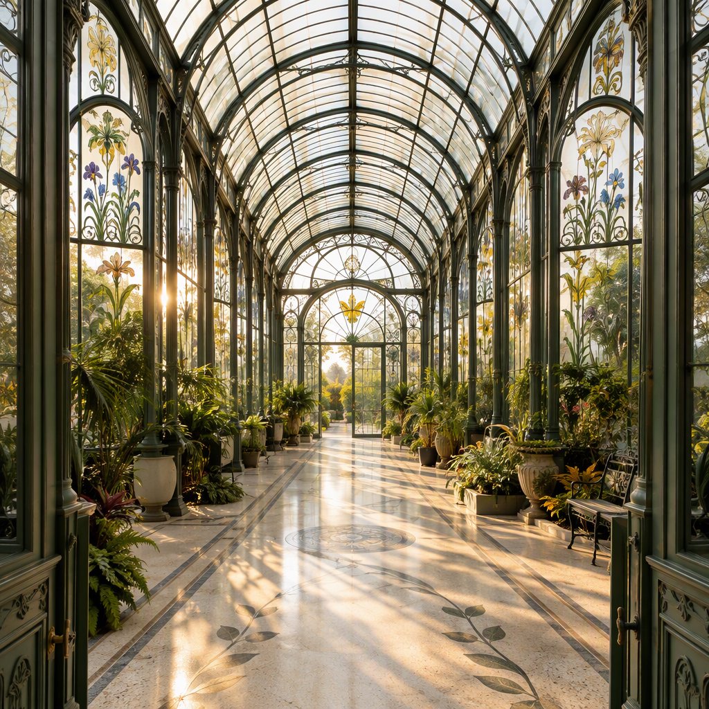 Interior of an Art Nouveau winter garden, curved iron ribs, cream terrazzo floor, hand-painted botanical glass panels, filtered late-afternoon sunlight, viewed from the entrance along the central axis, elegant geometry and believable load-bearing structure. — GPT Image 2.5 Flare