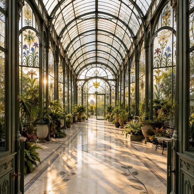 Interior of an Art Nouveau winter garden, curved iron ribs, cream terrazzo floor, hand-painted botanical glass panels, filtered late-afternoon sunlight, viewed from the entrance along the central axis, elegant geometry and believable load-bearing structure. — GPT Image 2.5 Flare