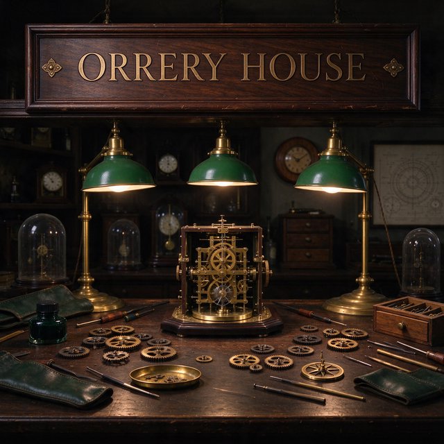 Inside a quiet clockmaker’s workshop, brass gears and tiny tools gleam beneath green-shaded lamps; "ORRERY HOUSE" is engraved in crisp serif letters on a dark walnut sign above the repair counter. — Seedream 5.0 Flash