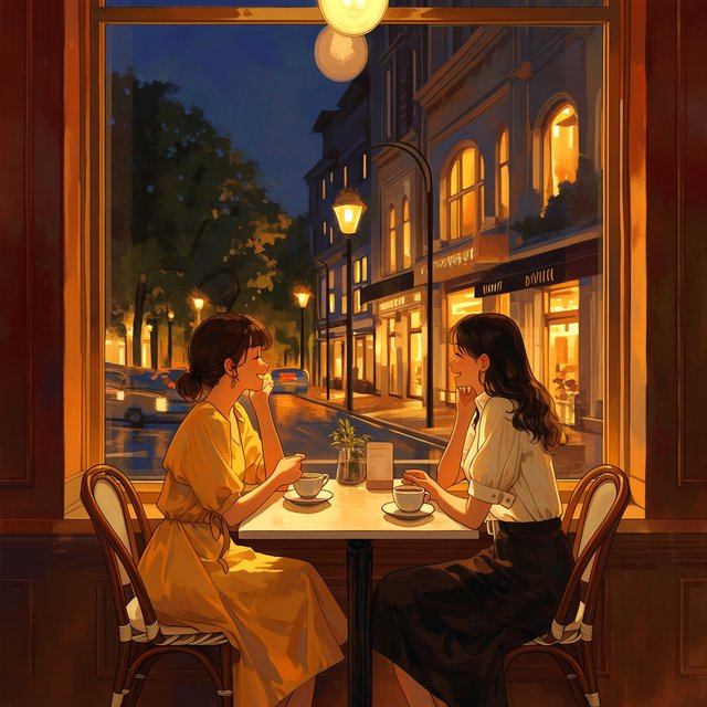 A cozy nighttime café scene featuring two young adult Chinese women seated at a table by a window. One wears a yellow dress, and the other, seated opposite her, wears a white blouse and black skirt. They are chatting warmly with each other, with two cups of coffee on the table. Outside the window, a lively shopping street glows with evening lights, creating a relaxed, intimate, and cinematic atmosphere. — Midjourney Niji 7