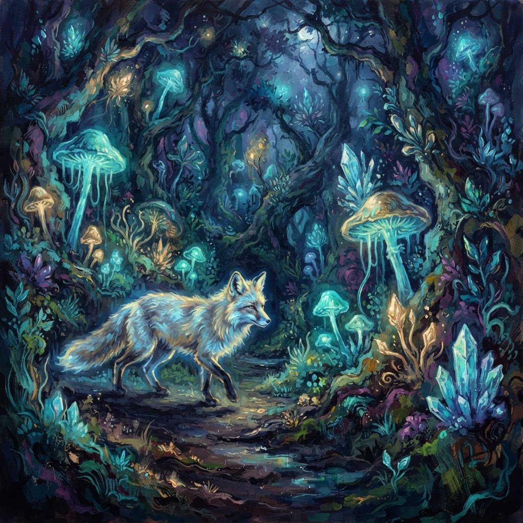 A solitary fox with fur like molten moonlight walks through an ethereal forest. Towering, bioluminescent fungi illuminate the path, casting an otherworldly glow. The style is reminiscent of early 20th-century magical realism, with bold, gestural brushstrokes akin to abstract expressionism, and a watercolor-like diffusion of light. — Nano Banana 2 Lite