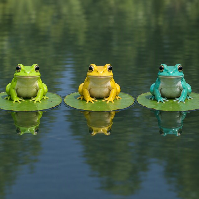A still pond holds exactly three frogs on separate lily pads: a lime-green frog at the left, a golden-yellow frog in the center, and a turquoise frog at the right. All face forward; nothing else. — Model 4