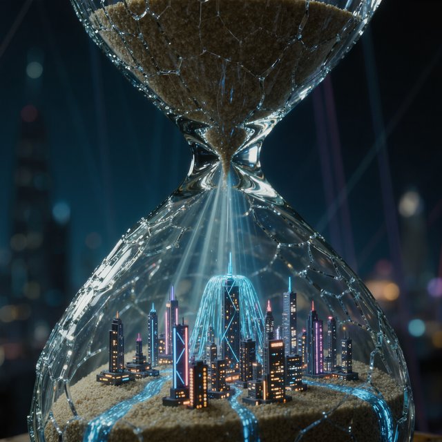 A macro close-up of a miniature glowing cyberpunk city built entirely inside a hollow cracked hourglass, tiny illuminated skyscrapers, flowing neon waterfalls, volumetric light rays piercing through sand, dark moody cinematic lighting, photorealistic depth of field — Kling v3 Omni