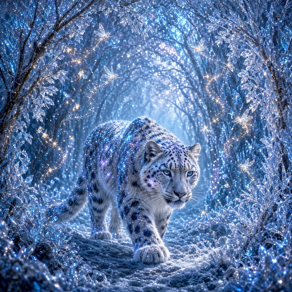 A majestic snow leopard, its fur shimmering with an internal bioluminescent glow, stalks through a frozen, enchanted forest. Crystalline trees with glowing, frost-covered leaves create a magical winter wonderland. Tiny, winged sprites flit between the branches, leaving trails of stardust. The image should capture the essence of a fairytale winter scene with a touch of photorealism, emphasizing the mystical light and the creature's ethereal presence. — Grok Imagine Image 2