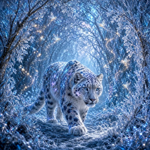 A majestic snow leopard, its fur shimmering with an internal bioluminescent glow, stalks through a frozen, enchanted forest. Crystalline trees with glowing, frost-covered leaves create a magical winter wonderland. Tiny, winged sprites flit between the branches, leaving trails of stardust. The image should capture the essence of a fairytale winter scene with a touch of photorealism, emphasizing the mystical light and the creature's ethereal presence. — Model 5