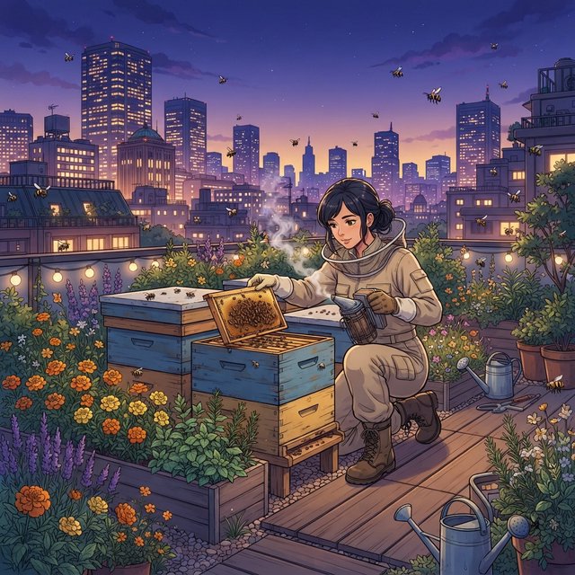 Cel-shaded anime illustration of an adult rooftop beekeeper tending lively hives among marigolds and herbs at dusk, with bees drifting past distant windows. Palette of saffron, violet, mint, and midnight blue, crisp contours and gentle gradients. — Nano Banana 2 Lite