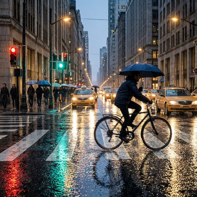 A rain-soaked city crosswalk at night seen from across the street, umbrellas, reflections of traffic lights on wet asphalt, slight motion blur on a passing cyclist. — Wan 2.7