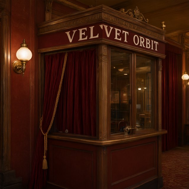 In a restored neighborhood cinema, brass sconces illuminate velvet curtains and a glass ticket booth; "VELVET ORBIT" is painted in ivory block letters across the booth’s burgundy fascia. — Qwen Image 3.0