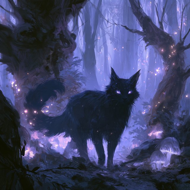 A sleek, obsidian cat with fur that seems to absorb all light, walks with quiet grace through a tranquil, mist-shrouded forest. Its eyes glow with an inner cosmic energy, reflecting distant nebulae. Ethereal fireflies drift around it, illuminating ancient, gnarled trees and glowing mushrooms. The style is deeply atmospheric, emphasizing soft focus and a palette of deep purples and blues. — Midjourney V8.2