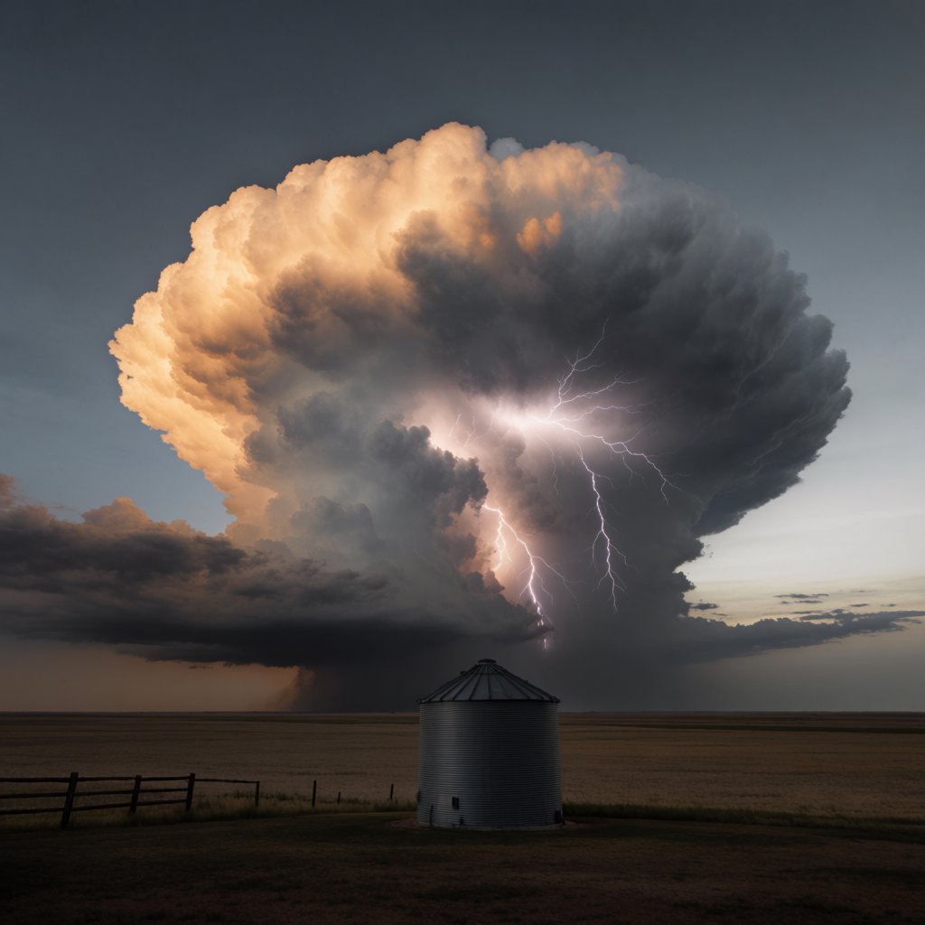 A supercell thunderstorm over flat farmland, lightning inside the cloud, a lone grain silo, dramatic but realistic. — Krea 2 Medium