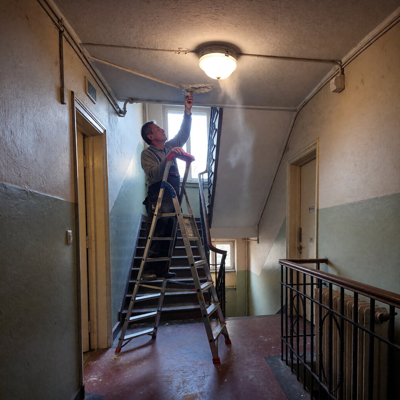 Candid documentary photograph of an adult building caretaker changing a ceiling light in a quiet apartment stairwell, pale afternoon window light, 35mm lens with moderate depth of field, plaster dust drifting from the fixture. — ImagineArt 1.5 Pro