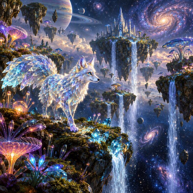 An ethereal fox with crystalline fur navigates a landscape of floating islands. Waterfalls cascade into the starry abyss below, and strange, alien flora sprouts from glowing rocks. This is a magical realism painting, infused with the wonder of distant galaxies. — GPT Image 2.5 Flare