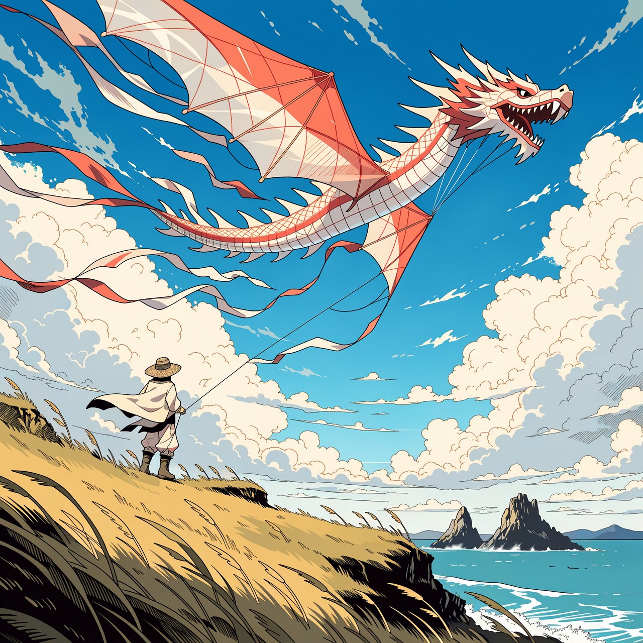 Cel-shaded anime illustration of an adult kite maker testing a vast translucent dragon-shaped kite on a windy coastal bluff, ribbons streaming above wild grasses and distant cliffs. Palette of coral, turquoise, butter yellow, and deep blue, with clean contours and a luminous sky. — Recraft v4 Pro
