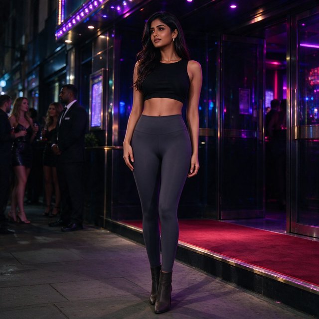A very pretty Indian woman, 19–27 years old. She is slim with wide hips and is wearing a fitted crop top and leggings. Full-body image. Outside a nightclub. — Model 17