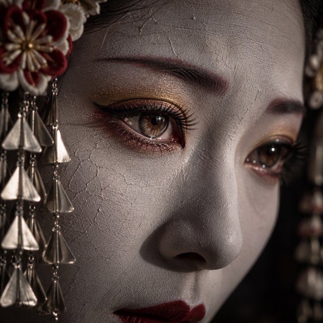 Extreme close-up macro photography of a Geisha's face. The focus is on her eyes, revealing intense emotion and hyper-realistic detail. Her skin is covered in traditional white 'Oshiroi' makeup, showing subtle, realistic cracking and skin texture. Dramatic Chiaroscuro lighting with deep shadows and a single soft light source highlighting the shimmer in her golden eyeshadow and the wetness of her eyes. Ornate kanzashi (hair ornaments) visible in the blurred periphery with intricate silk flowers and dangling silver petals. Cinematic composition, shot on 100mm macro lens, incredibly detailed eyelashes and iris patterns. — Model 4