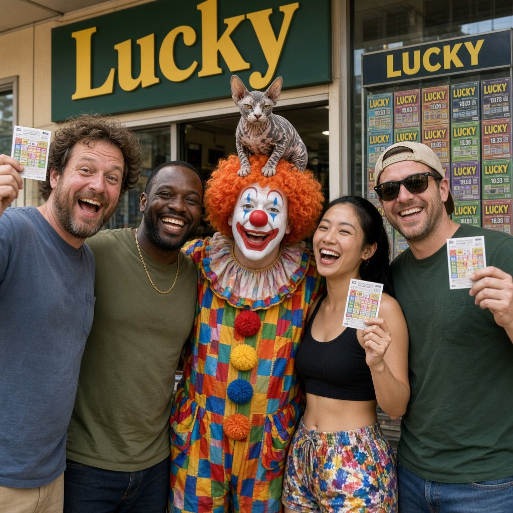 Realistic. Four to five adults having a very lucky day. One of the people is a clown with a very strange cat on their head. Another is wearing a black crop top and multicolored shorts. The word “Lucky” is seen at least twice in the background. — Grok Imagine Image 2