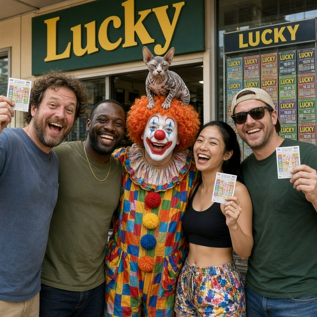 Realistic. Four to five adults having a very lucky day. One of the people is a clown with a very strange cat on their head. Another is wearing a black crop top and multicolored shorts. The word “Lucky” is seen at least twice in the background. — Grok Imagine Image 2