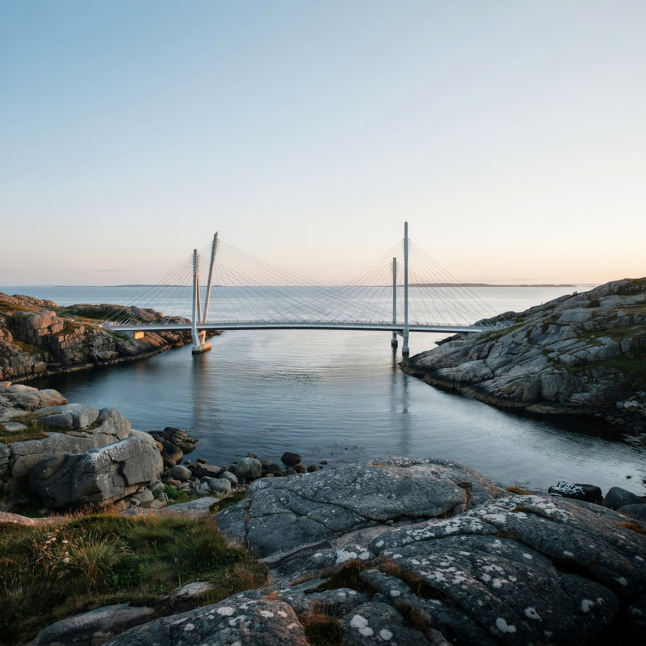 Across a sheltered coastal inlet, a contemporary high-tech cable-stayed bridge spans between granite shores, its slender steel pylons and pale concrete deck catching cool sunrise light; viewed from a rocky bank, straight lines and credible engineering define the scene. — Ideogram v4.5