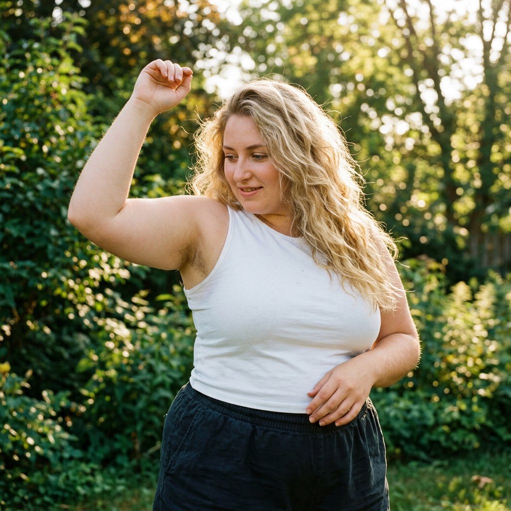 A vibrant medium shot of Cheyenne observing her armpit hair, her long blonde hair bouncing around her face, her blue eyes glimmering, and a soft smile playing on her lips. She is a 23-year-old adult with a very chubby body, a pointy nose, and thin blonde hairs on both forearms. She wears her signature white tank top and baggy shorts, standing against a backdrop of lush greenery and a sunny sky, with sunlight glimmering on her. — Nano Banana 2.1