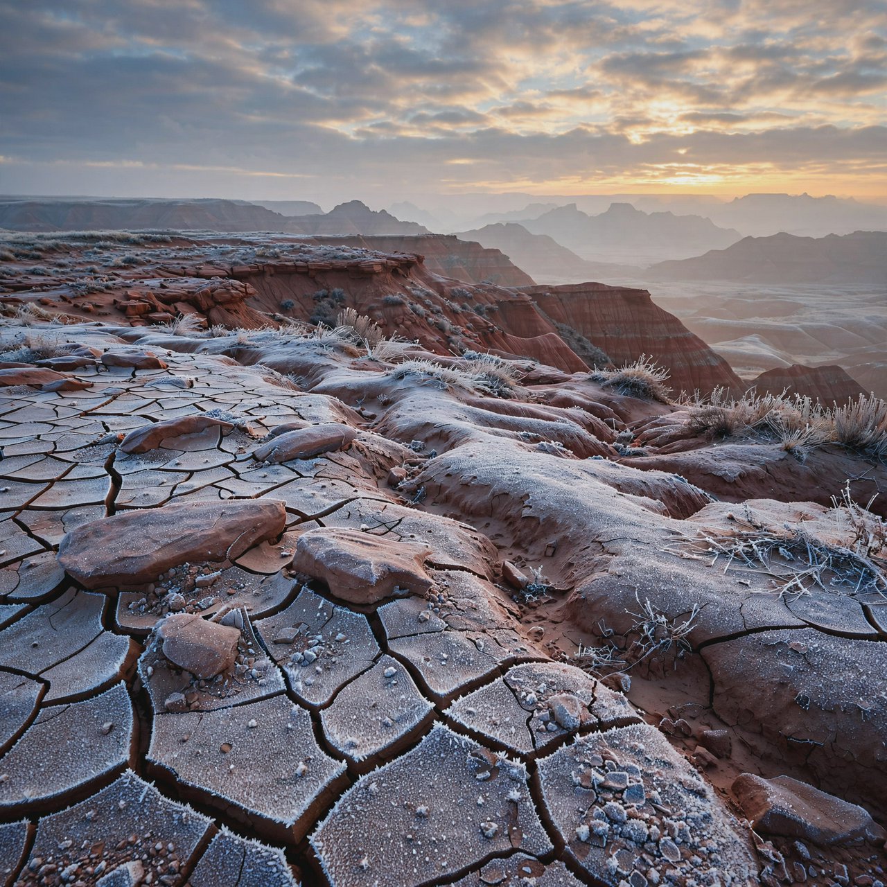 A red-sandstone badlands plateau beneath clearing winter clouds at sunrise, overnight frost silvering the gullies; cracked clay and wind-smoothed rock lead the eye across layered mesas fading into pale distance. — Muse Image 1.0
