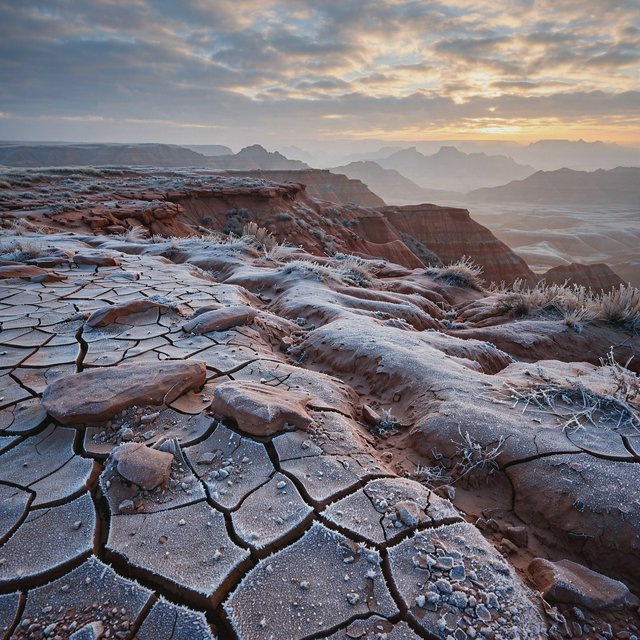 A red-sandstone badlands plateau beneath clearing winter clouds at sunrise, overnight frost silvering the gullies; cracked clay and wind-smoothed rock lead the eye across layered mesas fading into pale distance. — Muse Image 1.0