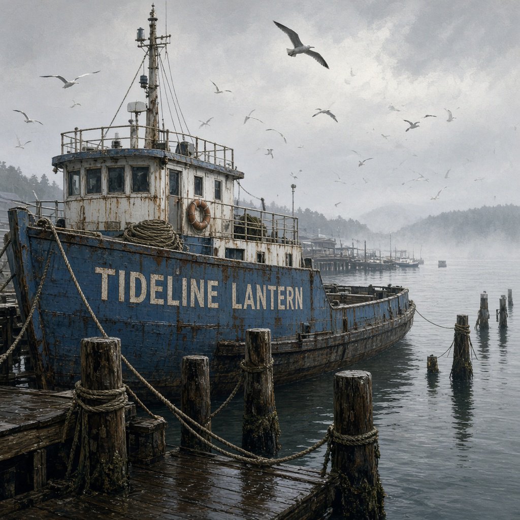 At a quiet harbor, a weathered wooden ferry rests beside slick pilings, ropes coiled on deck as gulls wheel overhead; "TIDELINE LANTERN" is painted in faded ivory letters along the blue hull. — Grok Imagine Image 2