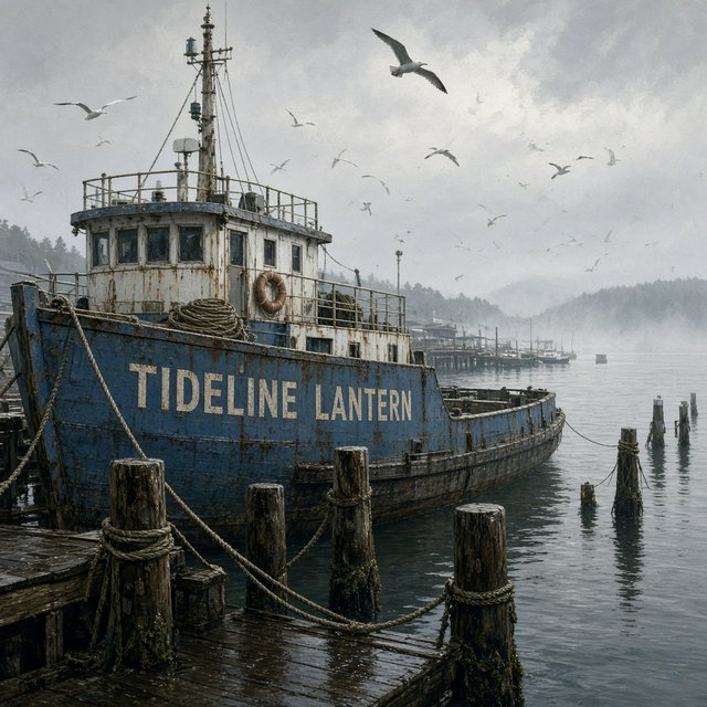 At a quiet harbor, a weathered wooden ferry rests beside slick pilings, ropes coiled on deck as gulls wheel overhead; "TIDELINE LANTERN" is painted in faded ivory letters along the blue hull. — Grok Imagine Image 2