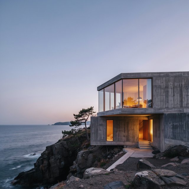Exterior of a small concrete-and-glass house on a cliff above the sea, dusk, interior lights on, architectural photography. — Ideogram v4