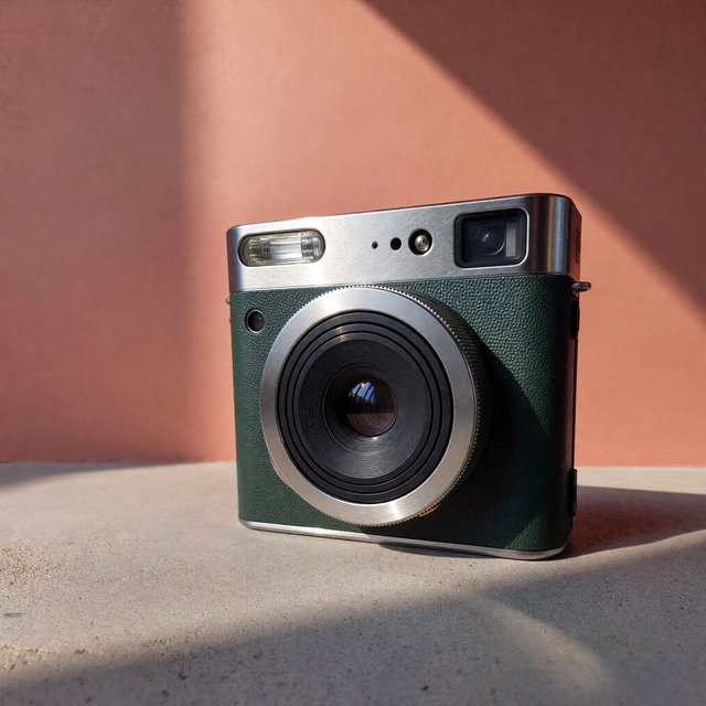 Commercial product photograph of an unbranded compact instant camera in matte forest-green polymer with brushed steel details, resting on a pale concrete surface against a warm peach background, illuminated by broad diffused studio light and a soft rim light. — ImagineArt 1.5 Pro