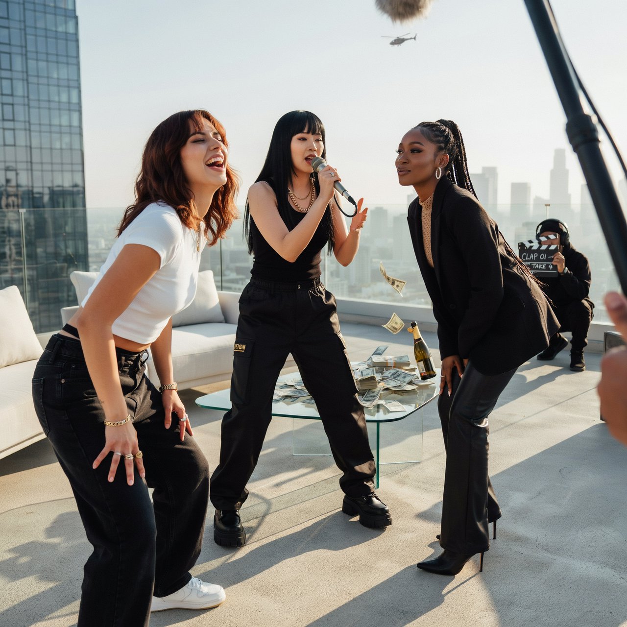 Realistic adult Korean, Black, and mixed-race female rappers filming a music video, all wearing fitted clothes. The music video is about how they are making money and are set to rule, with a really cool, laid-back vibe, shown from many angles. — Ideogram v4