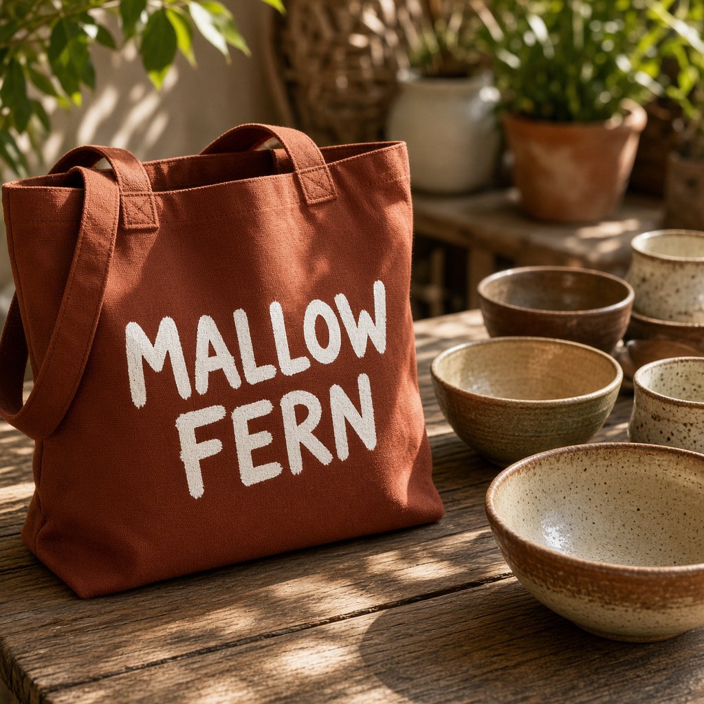 Sunlight pools over a pottery market table, where a rust-red canvas tote rests beside glazed bowls; "MALLOW FERN" is hand-painted in chunky white letters on its front, with no other legible writing. — Grok Imagine Image 2