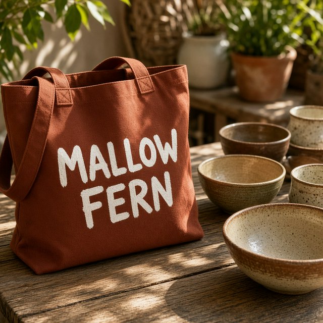 Sunlight pools over a pottery market table, where a rust-red canvas tote rests beside glazed bowls; "MALLOW FERN" is hand-painted in chunky white letters on its front, with no other legible writing. — Model 5