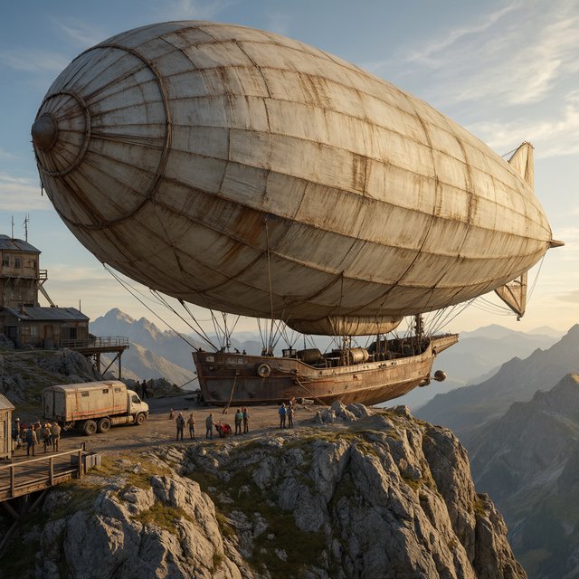 Concept art of a weathered cargo airship docking at a mountaintop station, crew tiny for scale, late afternoon light. — Qwen Image 3.0 Pro