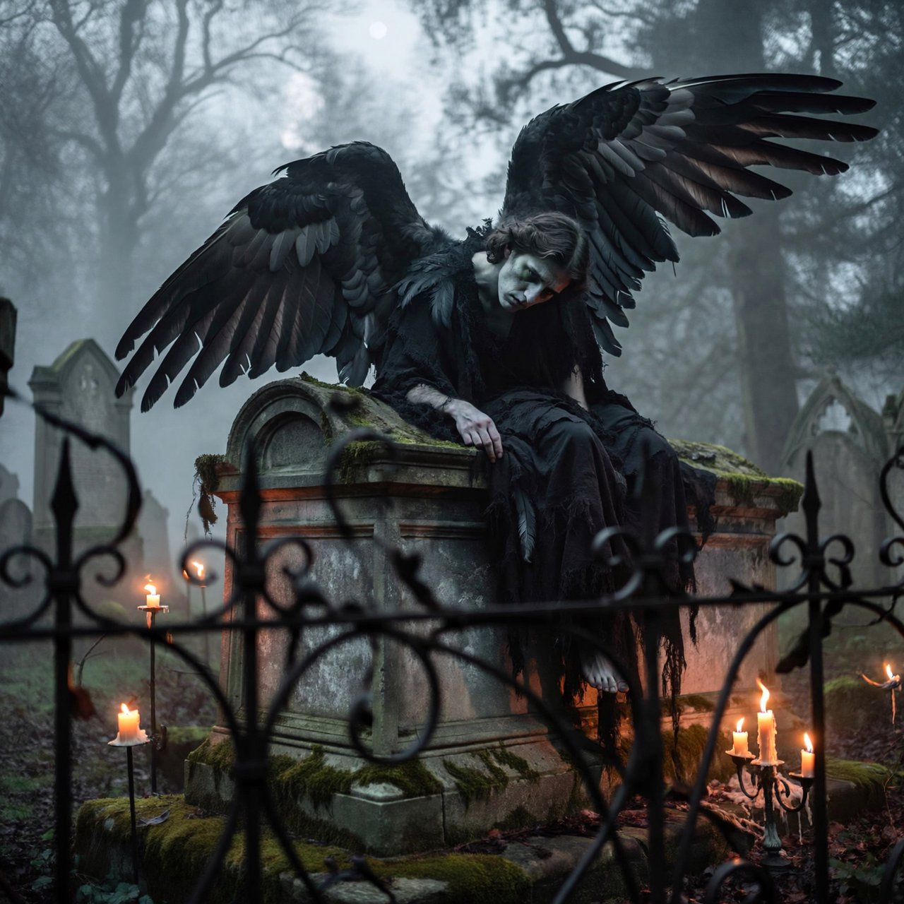 A majestic fallen angel with wings like a dark, tattered cloak, poses dramatically on a crumbling, Victorian-era inspired graveyard tomb, surrounded by twisted, black ironwork and flickering, orange candelabras, as if plucked from a haunting, nightmare. — ImagineArt 2