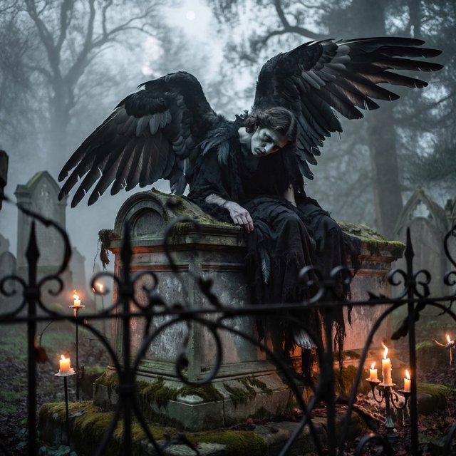 A majestic fallen angel with wings like a dark, tattered cloak, poses dramatically on a crumbling, Victorian-era inspired graveyard tomb, surrounded by twisted, black ironwork and flickering, orange candelabras, as if plucked from a haunting, nightmare. — ImagineArt 2