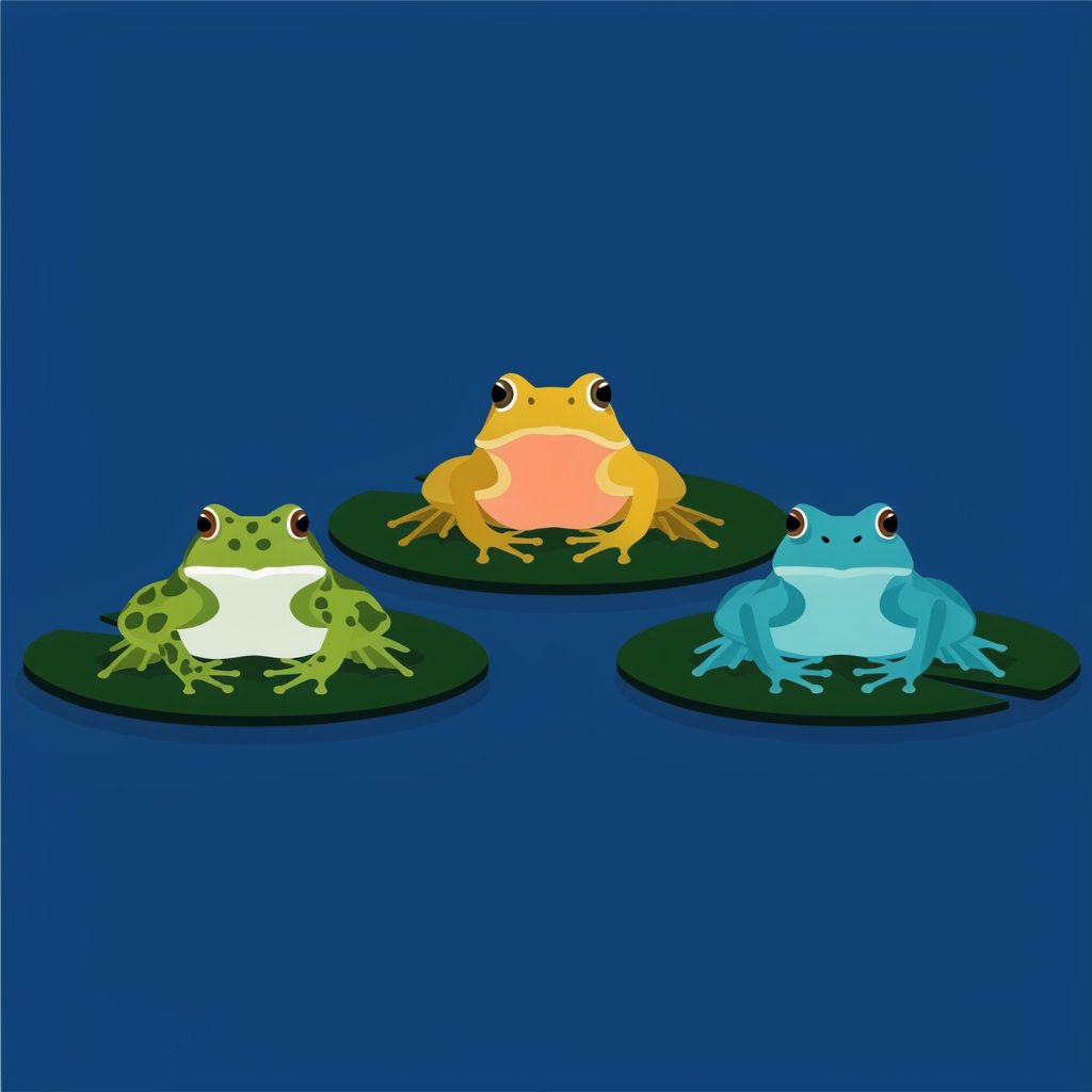 A still pond holds exactly three frogs on separate lily pads: a lime-green frog at the left, a golden-yellow frog in the center, and a turquoise frog at the right. All face forward; nothing else. — Krea 2 Large