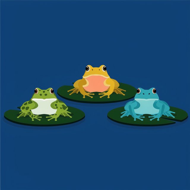 A still pond holds exactly three frogs on separate lily pads: a lime-green frog at the left, a golden-yellow frog in the center, and a turquoise frog at the right. All face forward; nothing else. — Model 11