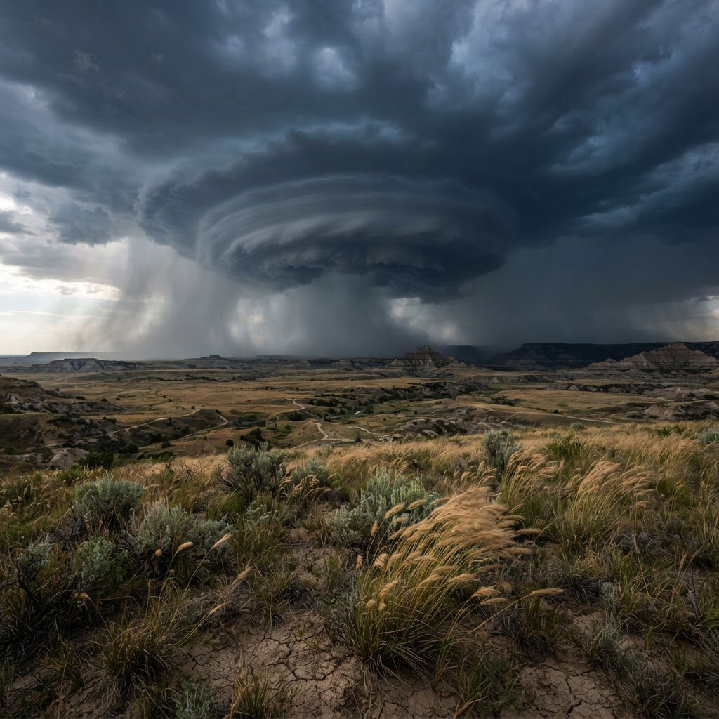 Across a tawny prairie basin, a rotating thunderstorm gathers in the late afternoon beneath bruised clouds, rain veiling distant buttes; seed heads and cracked earth in the foreground contrast with ridges softened by the advancing downpour. — Nano Banana 2 Lite