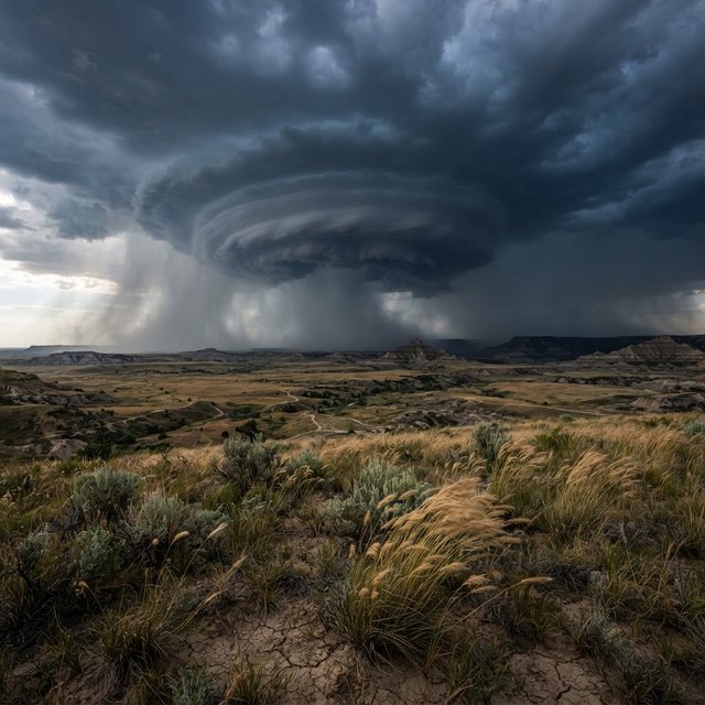 Across a tawny prairie basin, a rotating thunderstorm gathers in the late afternoon beneath bruised clouds, rain veiling distant buttes; seed heads and cracked earth in the foreground contrast with ridges softened by the advancing downpour. — Nano Banana 2 Lite