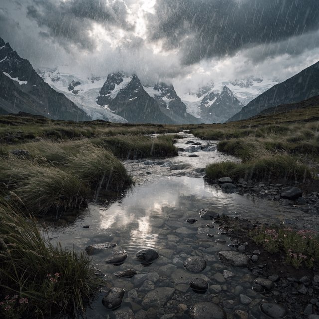 A windswept alpine meadow beneath heavy morning clouds, fresh rain darkening the grasses, a braided stream winding toward distant snowcapped peaks, tiny wildflowers and wet stones sharpening the foreground texture and layered depth. — Recraft v4