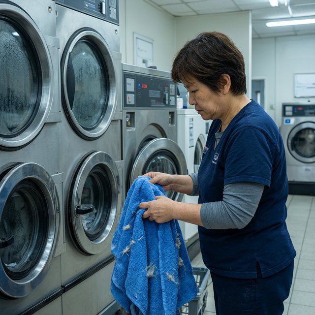 Candid documentary photograph of an adult laundromat attendant sorting warm clothes beside humming machines, cool fluorescent light, 50mm lens with moderate depth of field, loose lint clinging to a blue towel and faint condensation on the glass doors. — Qwen Image 3.0 Pro