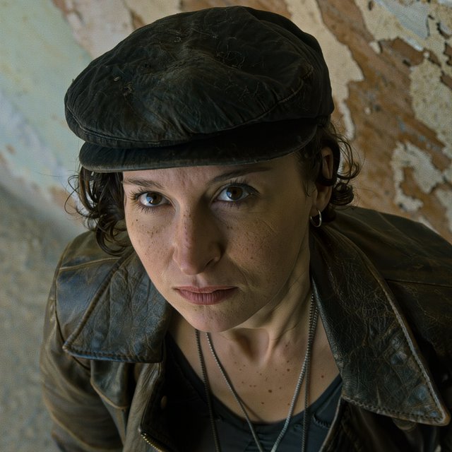 A monochrome, grainy, photorealistic medium close-up shot from a high angle: a young woman with messy, short curls, fair, freckled skin, and an intense, direct gaze into the camera. She is wearing a faded, worn-in black flat cap, a distressed vintage leather jacket over a dark undershirt, several thin silver chains, and a small hoop earring. Soft, diffused side lighting from the left casts gentle shadows across her face. In the background, a weathered wall with peeling plaster. Shallow depth of field, a moody, gritty film aesthetic, and sharp focus on the subject's eyes. — Kling v3