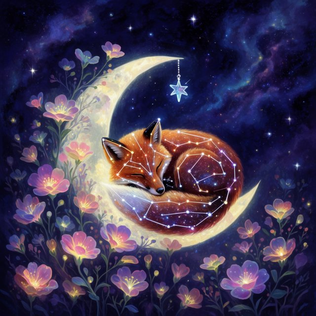 A miniature, intricately detailed fox crafted from living constellations, curled asleep atop a crescent moon. Surrounding it are delicate, bioluminescent flowers that pulse with gentle light, casting intricate shadows. The background is a deep indigo sky filled with swirling nebulae and distant, twinkling stars. The overall aesthetic is dreamlike and whimsical, with a painterly finish and a touch of cosmic wonder. — Krea 2 Large