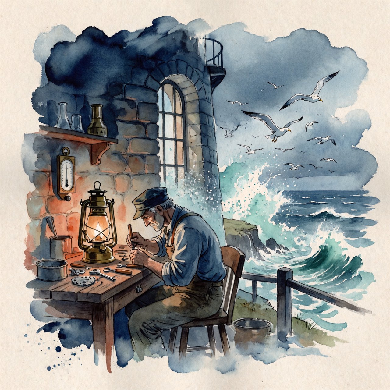 Ink-and-watercolour illustration of an adult lighthouse keeper repairing a brass lantern inside a windswept cliff tower, gulls circling beyond the window and sea spray glowing below. Palette of navy, rust, seafoam, and warm ivory, with expressive linework. — ImagineArt 2