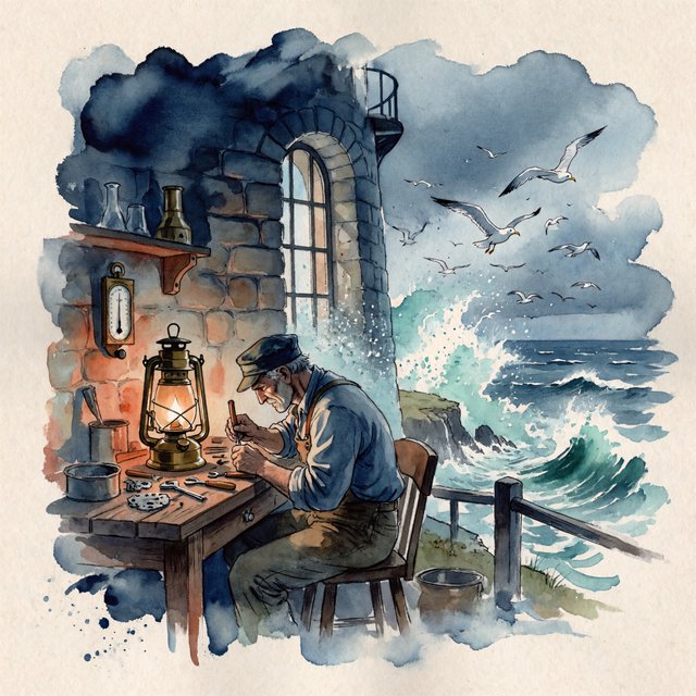 Ink-and-watercolour illustration of an adult lighthouse keeper repairing a brass lantern inside a windswept cliff tower, gulls circling beyond the window and sea spray glowing below. Palette of navy, rust, seafoam, and warm ivory, with expressive linework. — ImagineArt 2