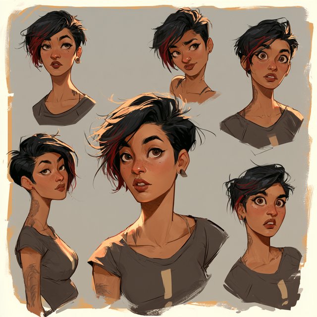 Character exploration sheet of the same 25-year-old Indian woman in several bust and waist-up studies, varied expressions and three-quarter views, one larger central portrait. Warm brown skin, black pixie haircut with red streaks, tattoos, tight T-shirt bearing an exclamation mark (!). Plain warm light-gray background, irregular painted edges. Stylized semi-realistic digital painting with animation-inspired proportions, large expressive eyes, strong brows, simplified anatomy and convincing volume. Minimal linework, soft blended facial shading, broad angular brushstrokes on clothing. Luminous warm brown skin with terracotta undertones, subtle blush, restrained highlights. Hair painted in sculpted masses with broad highlights and fine flyaways. Muted charcoal and earthy neutrals, soft directional studio lighting, detailed eyes and lips, loose edges and unfinished brushwork. — Midjourney V8.2