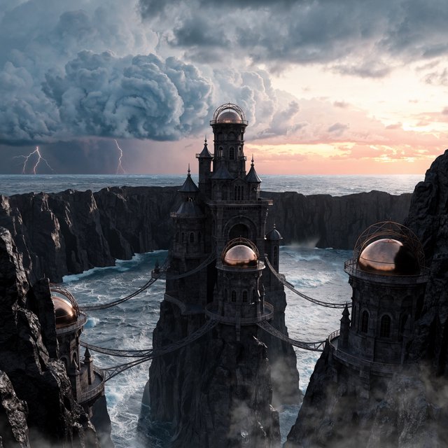 A wind-carved observatory crowns black cliffs above a silver inland sea, its open brass domes catching the last rose light. Salt mist drifts through suspended bridges as distant storms flicker beyond the horizon. — Recraft v4 Pro